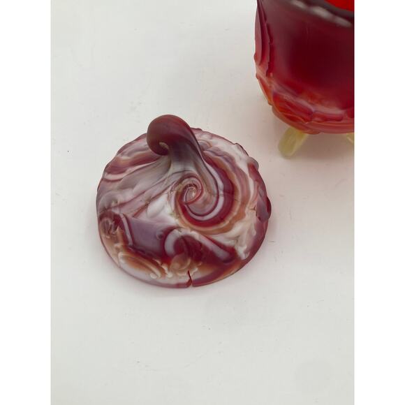 Vintage Red & White Slag Glass Covered Dish Candy Jar on Tripod Feet - Picture 5 of 10